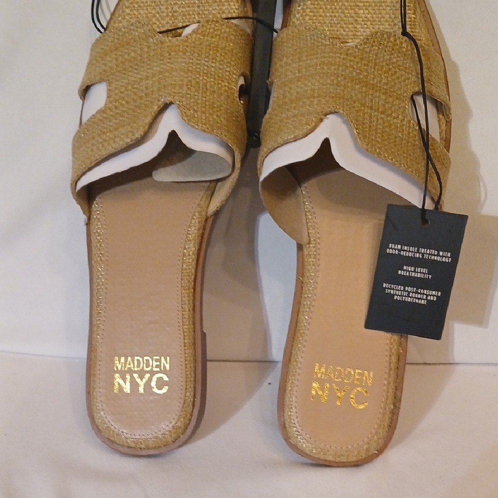 Madden NYC Tan Woven Slide Sandals